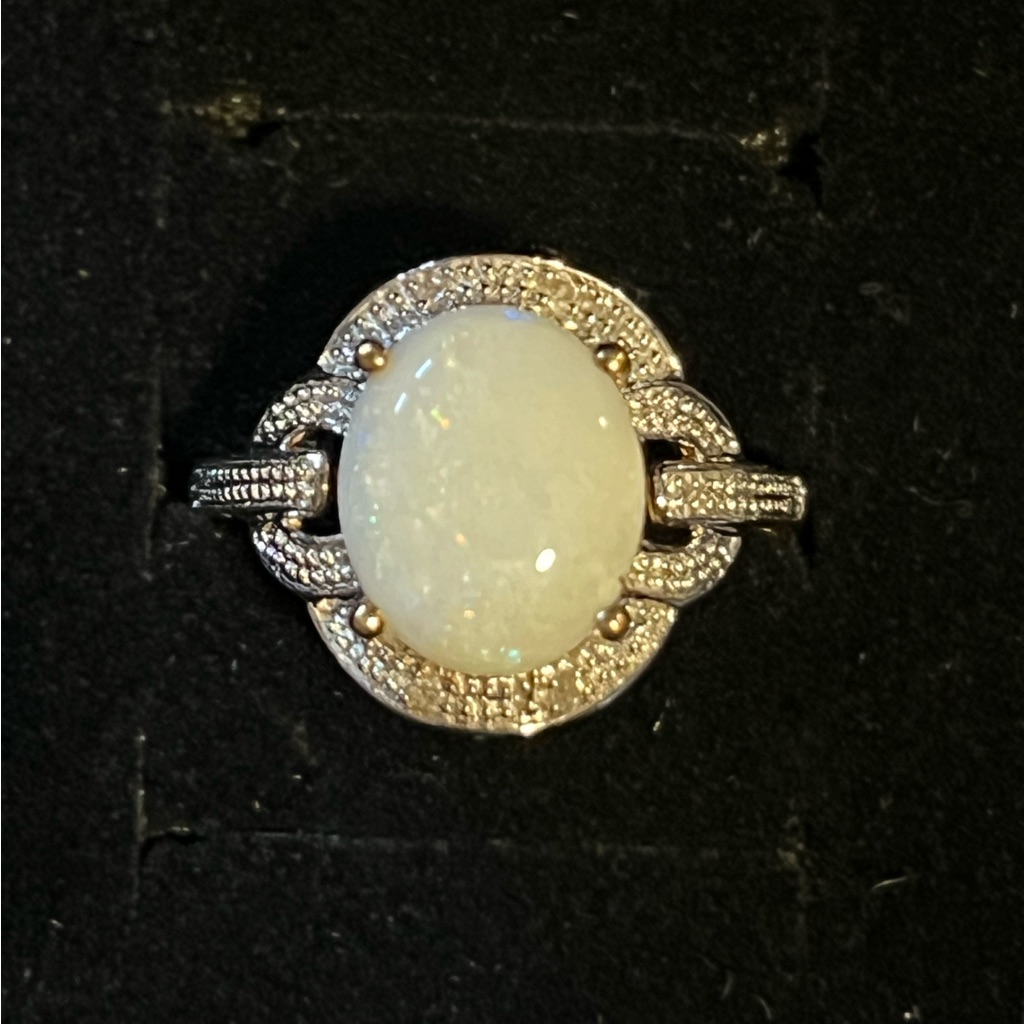 Large Opal (2.35 Tcw) Ring W/Diamond Accents Set In 10k White Gold .. Size 8